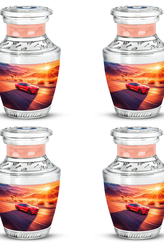 Petal Pink Car Cremation Urn back view with polished surface - artistic car interpretation with creative detail - 10 inch aluminum urn for cremated remains