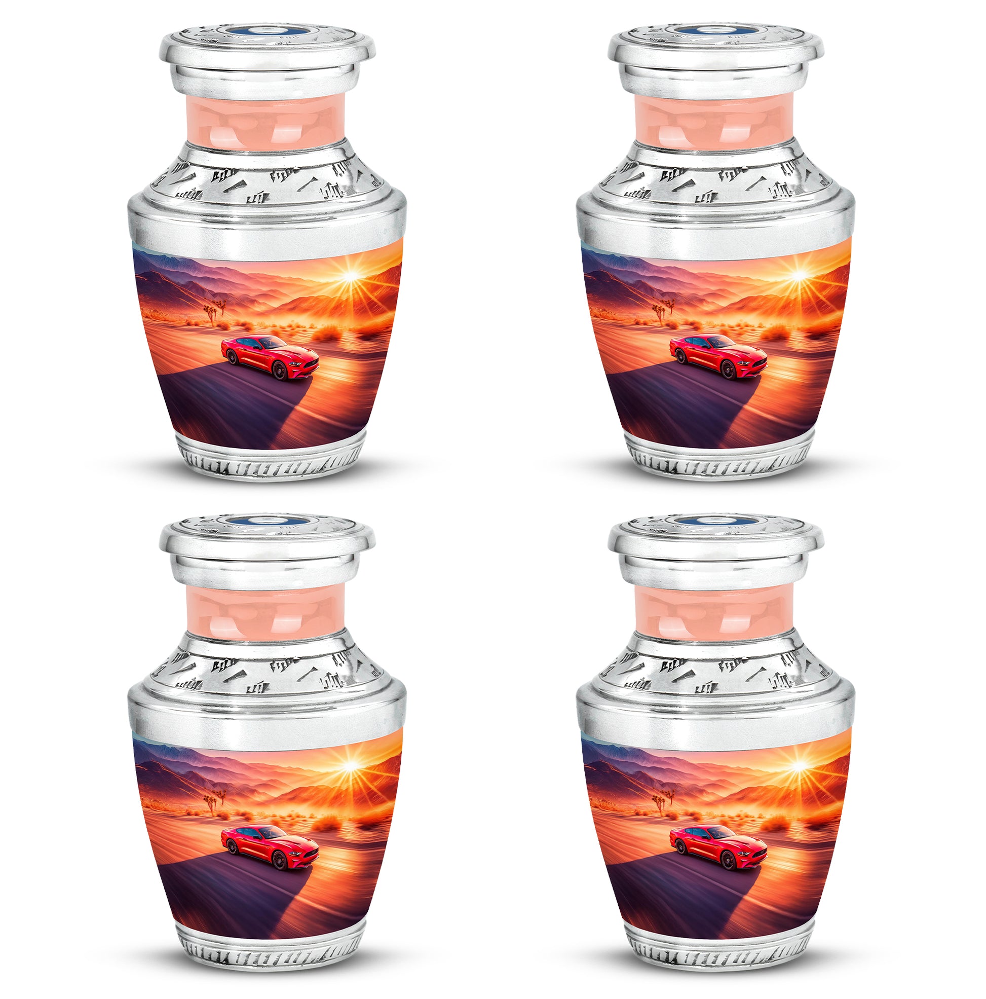 Petal Pink Car Cremation Urn back view with polished surface - artistic car interpretation with creative detail - 10 inch aluminum urn for cremated remains