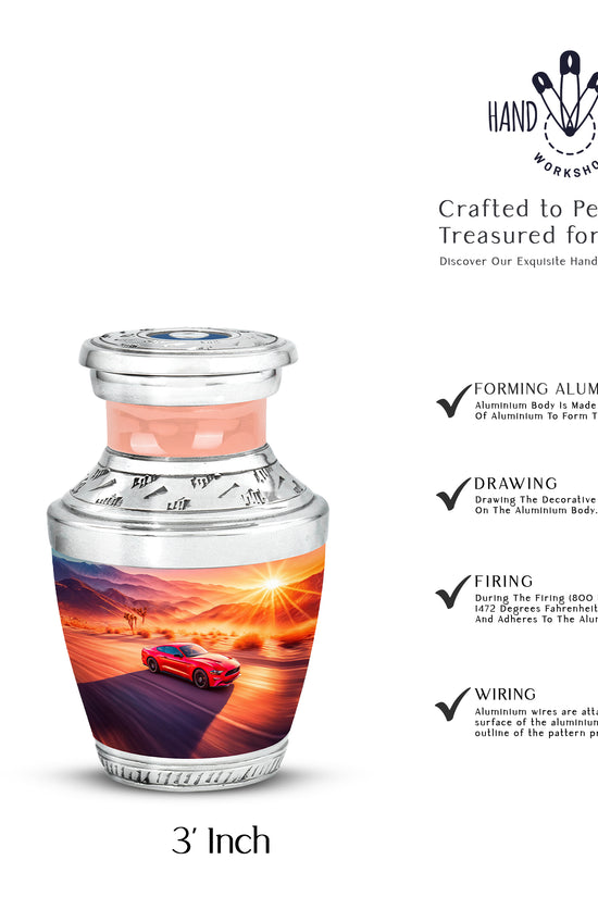 Coral Pink Car Cremation Urn top-down view of secure threaded lid - contemporary car design with modern artistic flair - mini keepsake memorial for portion of cremation ashes