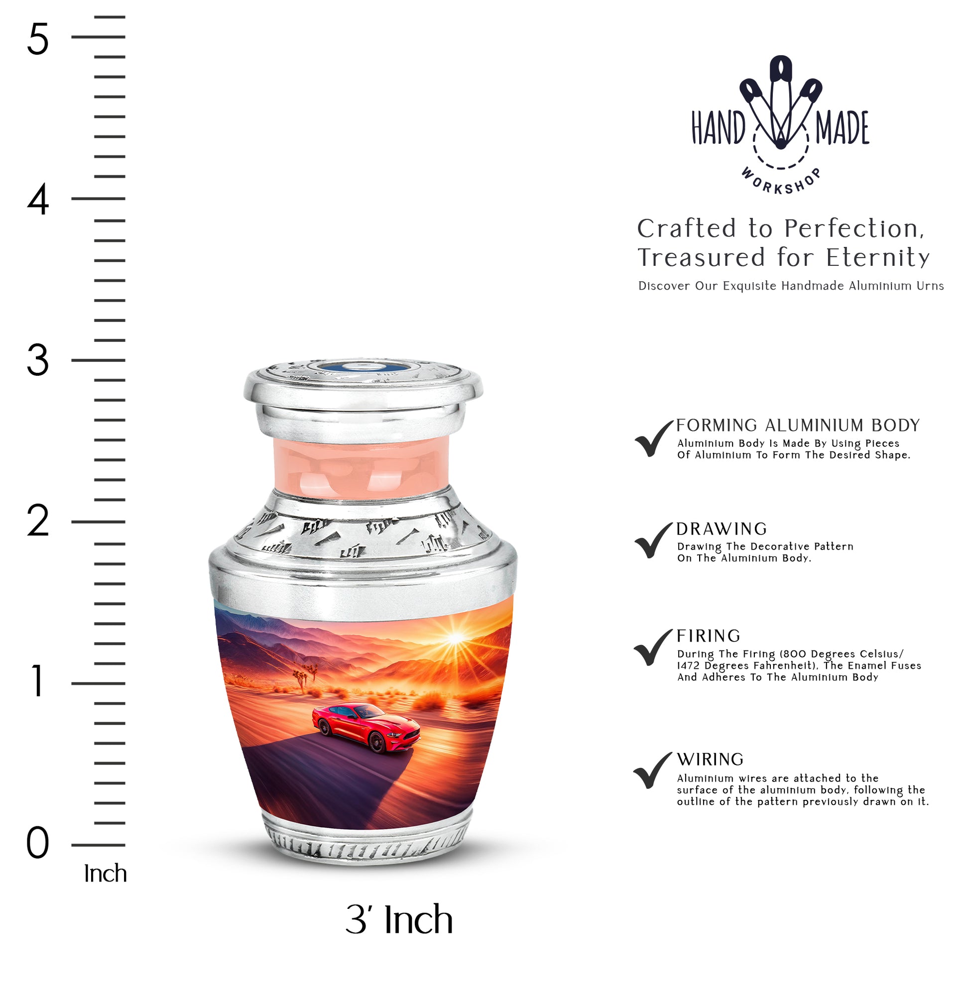 Coral Pink Car Cremation Urn top-down view of secure threaded lid - contemporary car design with modern artistic flair - mini keepsake memorial for portion of cremation ashes