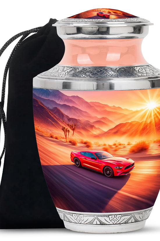 Salmon Pink Car Cremation Urn side profile showing urn shape - stylized abstract car pattern with bold lines - full-size 10 inch 200 cubic inch adult cremation urn