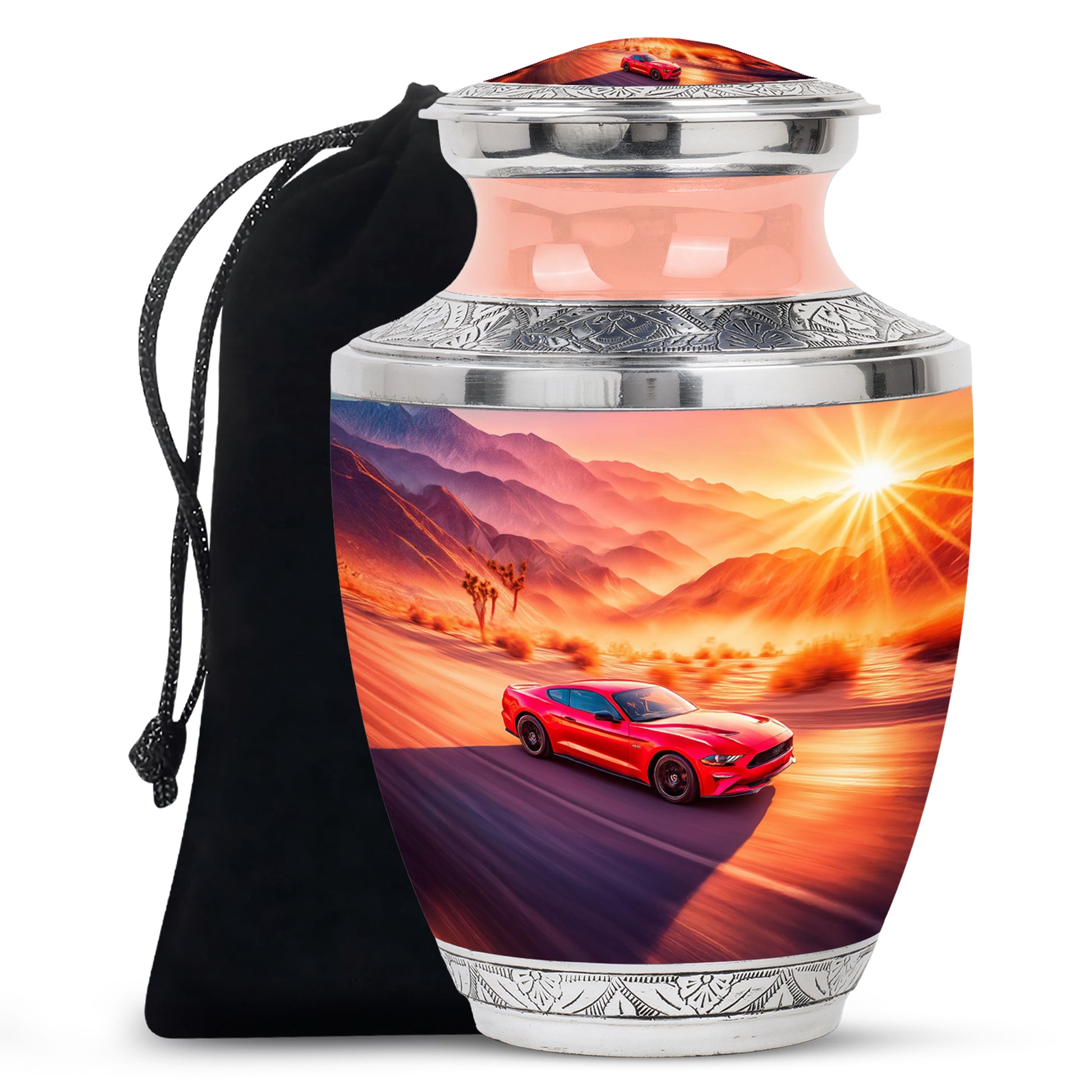 Salmon Pink Car Cremation Urn side profile showing urn shape - stylized abstract car pattern with bold lines - full-size 10 inch 200 cubic inch adult cremation urn
