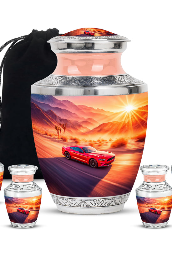 Coral Pink Car Cremation Urn lifestyle display on memorial shelf - modern art-inspired car motif on sleek aluminum - memorial set with one large and four small urns