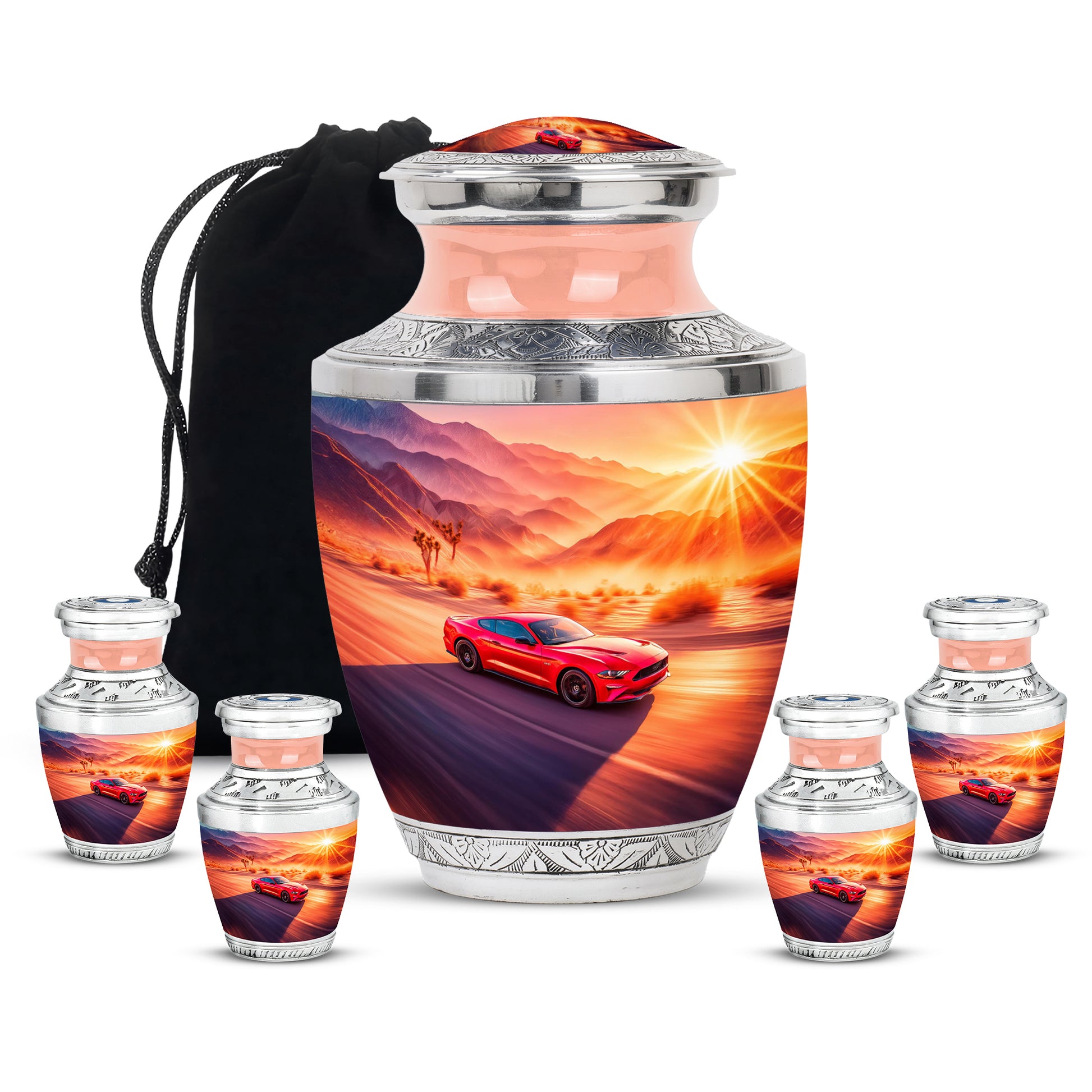 Coral Pink Car Cremation Urn lifestyle display on memorial shelf - modern art-inspired car motif on sleek aluminum - memorial set with one large and four small urns