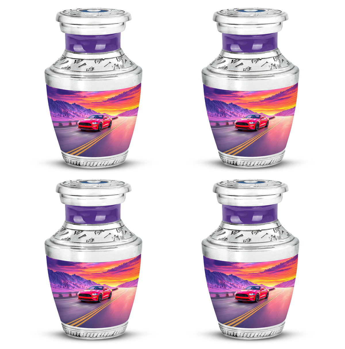 Indigo Car Cremation Urn back view with polished surface - contemporary car design with modern artistic flair - 10 inch aluminum urn for cremated remains