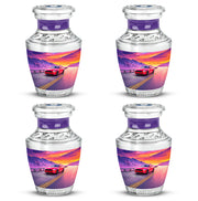Indigo Car Cremation Urn back view with polished surface - contemporary car design with modern artistic flair - 10 inch aluminum urn for cremated remains