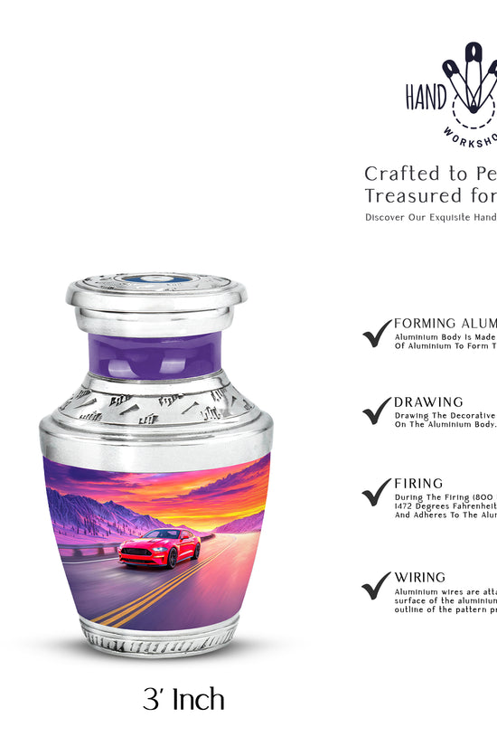 Vivid Blue Car Cremation Urn top-down view of secure threaded lid - stylized abstract car pattern with bold lines - mini keepsake memorial for portion of cremation ashes