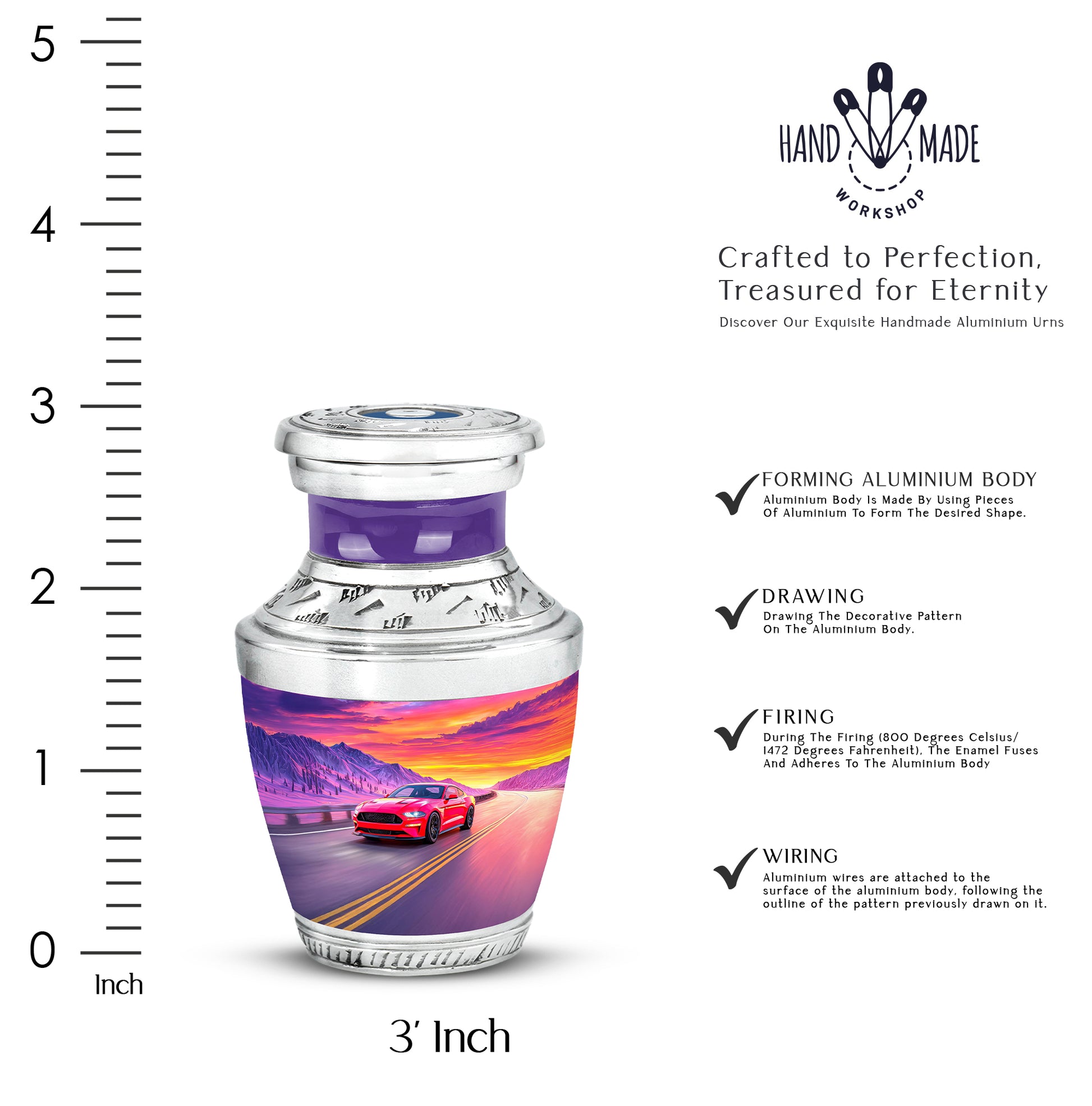 Vivid Blue Car Cremation Urn top-down view of secure threaded lid - stylized abstract car pattern with bold lines - mini keepsake memorial for portion of cremation ashes