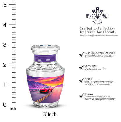Vivid Blue Car Cremation Urn top-down view of secure threaded lid - stylized abstract car pattern with bold lines - mini keepsake memorial for portion of cremation ashes