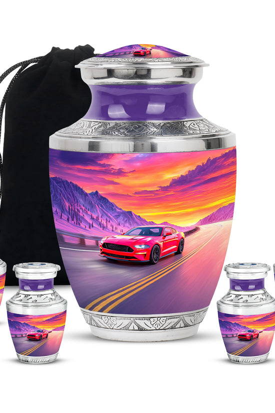 Powder Blue Car Cremation Urn lifestyle display on memorial shelf - modern art-inspired car motif on sleek aluminum - memorial set with one large and four small urns