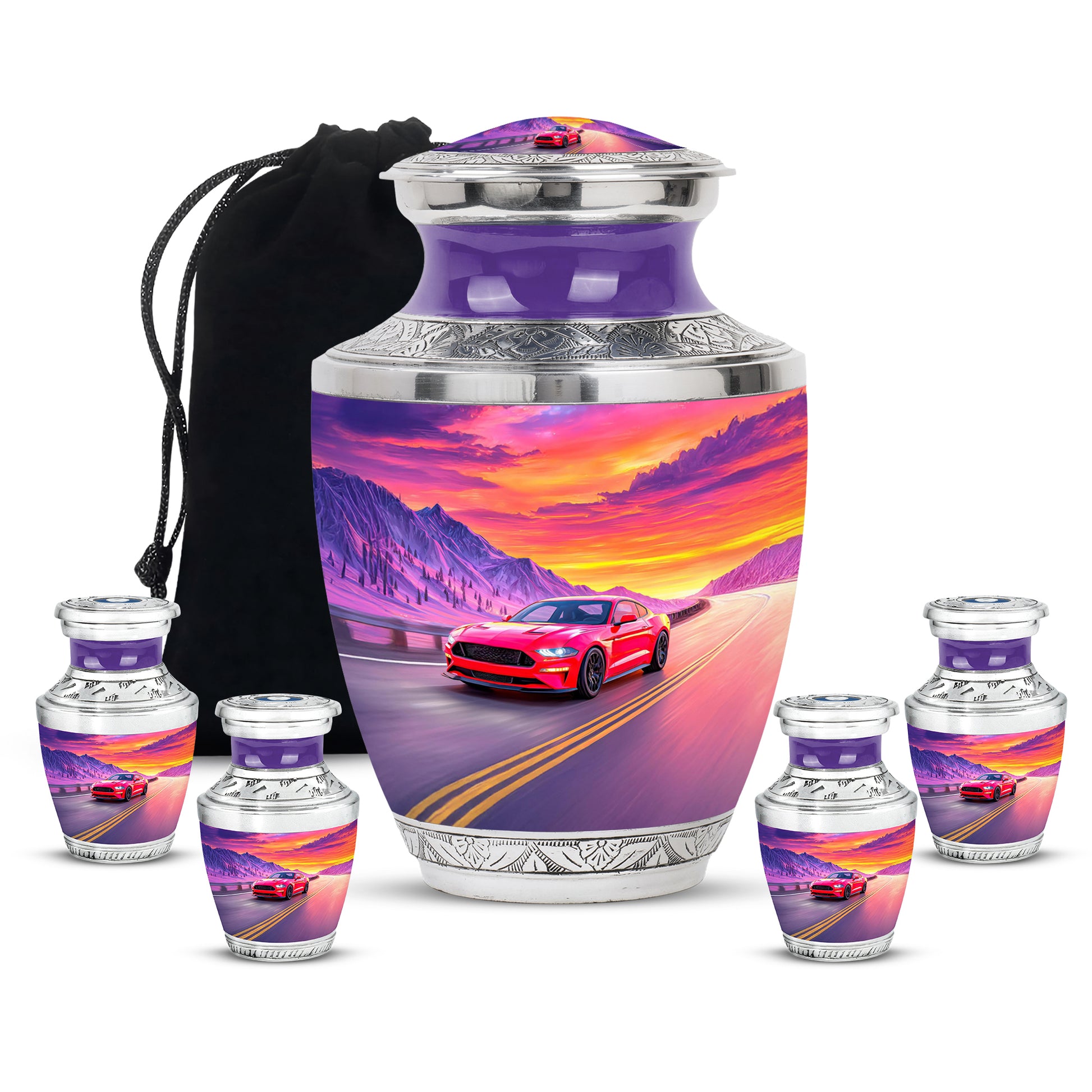 Powder Blue Car Cremation Urn lifestyle display on memorial shelf - modern art-inspired car motif on sleek aluminum - memorial set with one large and four small urns