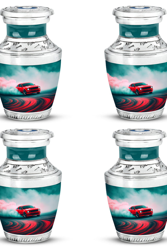 Vivid Teal Car Cremation Urn back view with polished surface - artistic car interpretation with creative detail - 10 inch aluminum urn for cremated remains