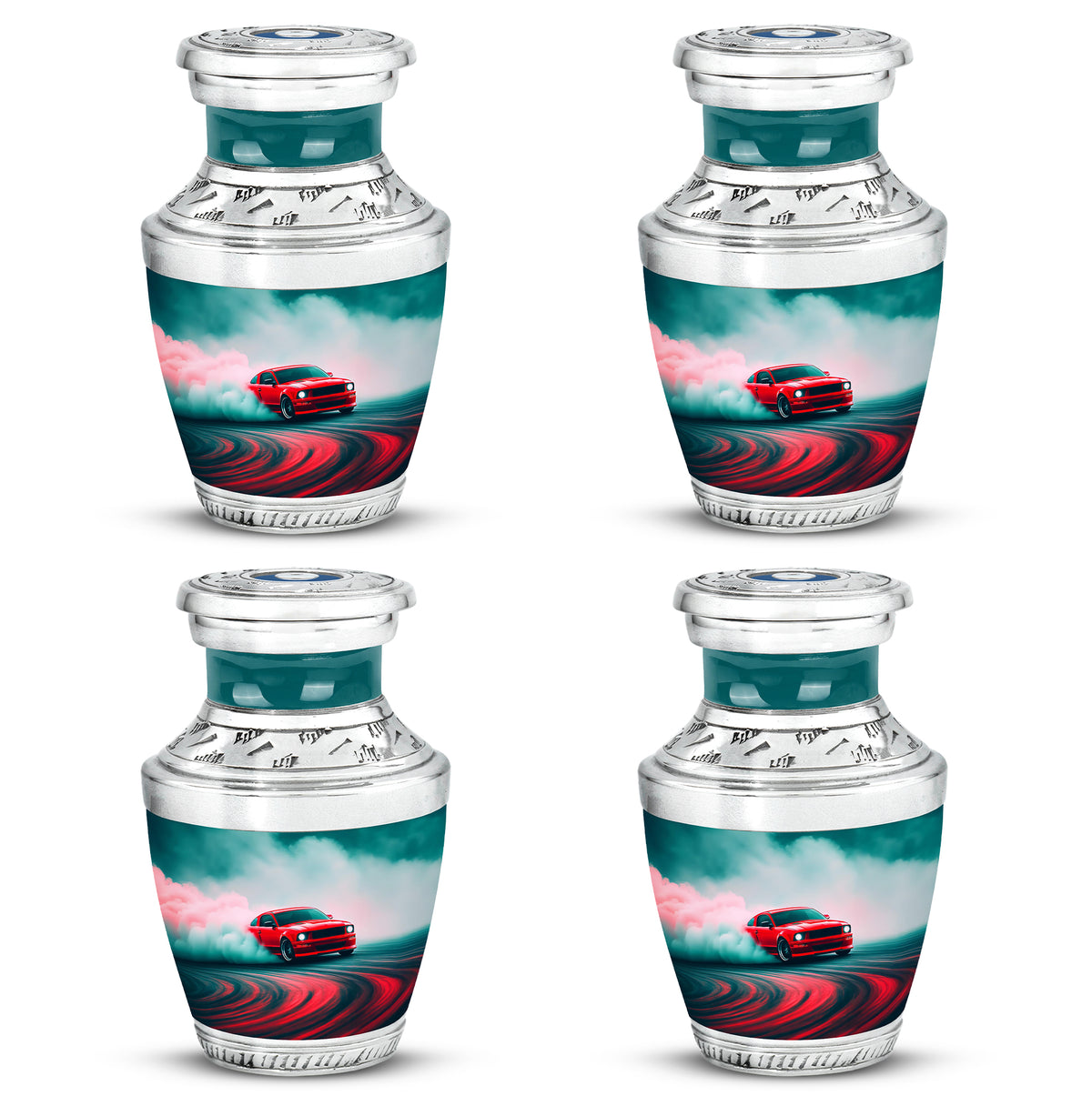 Vivid Teal Car Cremation Urn back view with polished surface - artistic car interpretation with creative detail - 10 inch aluminum urn for cremated remains
