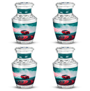 Vivid Teal Car Cremation Urn back view with polished surface - artistic car interpretation with creative detail - 10 inch aluminum urn for cremated remains