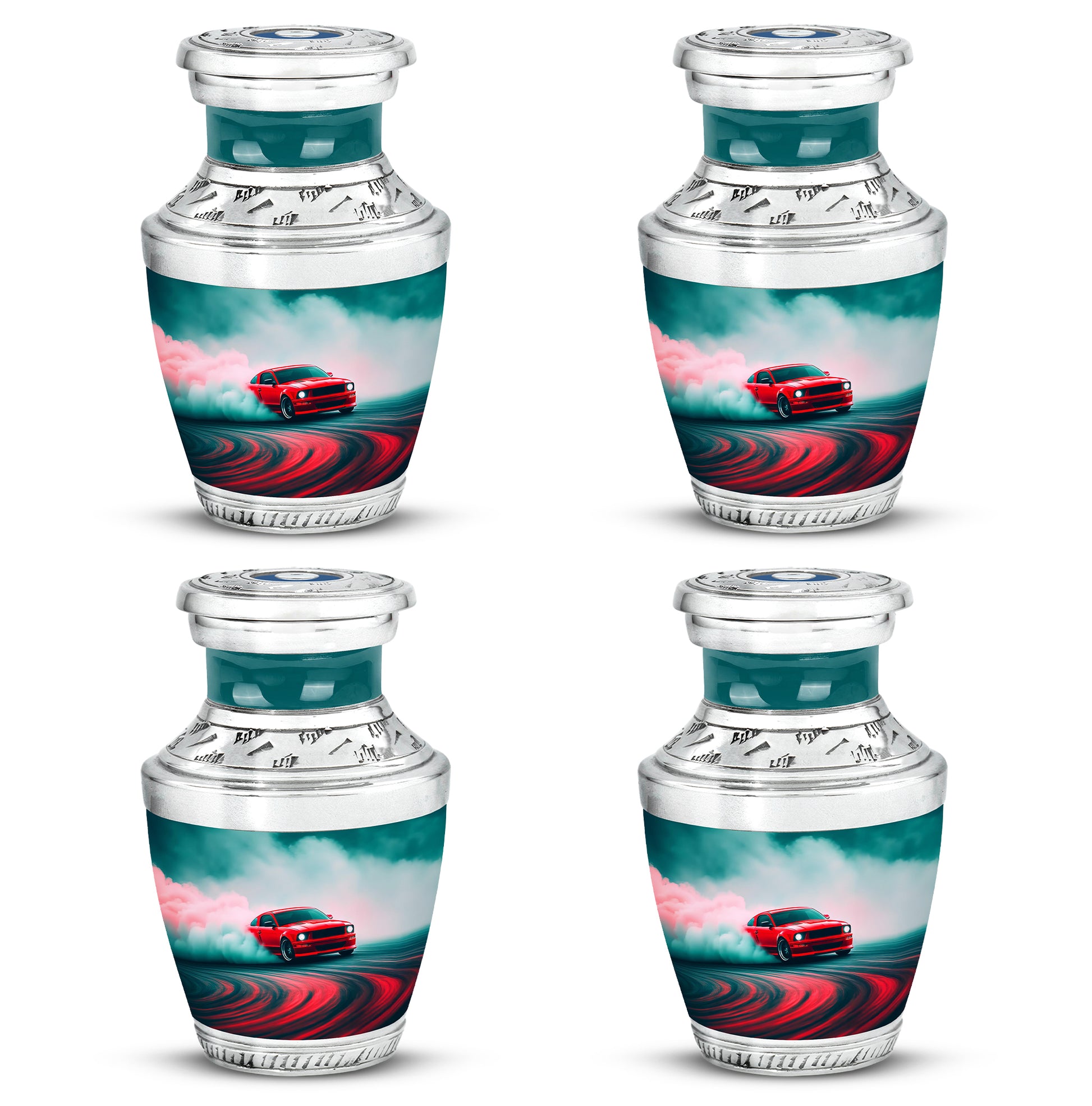 Vivid Teal Car Cremation Urn back view with polished surface - artistic car interpretation with creative detail - 10 inch aluminum urn for cremated remains