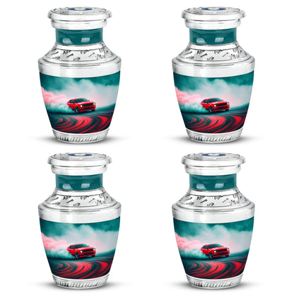 Vivid Teal Car Cremation Urn back view with polished surface - artistic car interpretation with creative detail - 10 inch aluminum urn for cremated remains