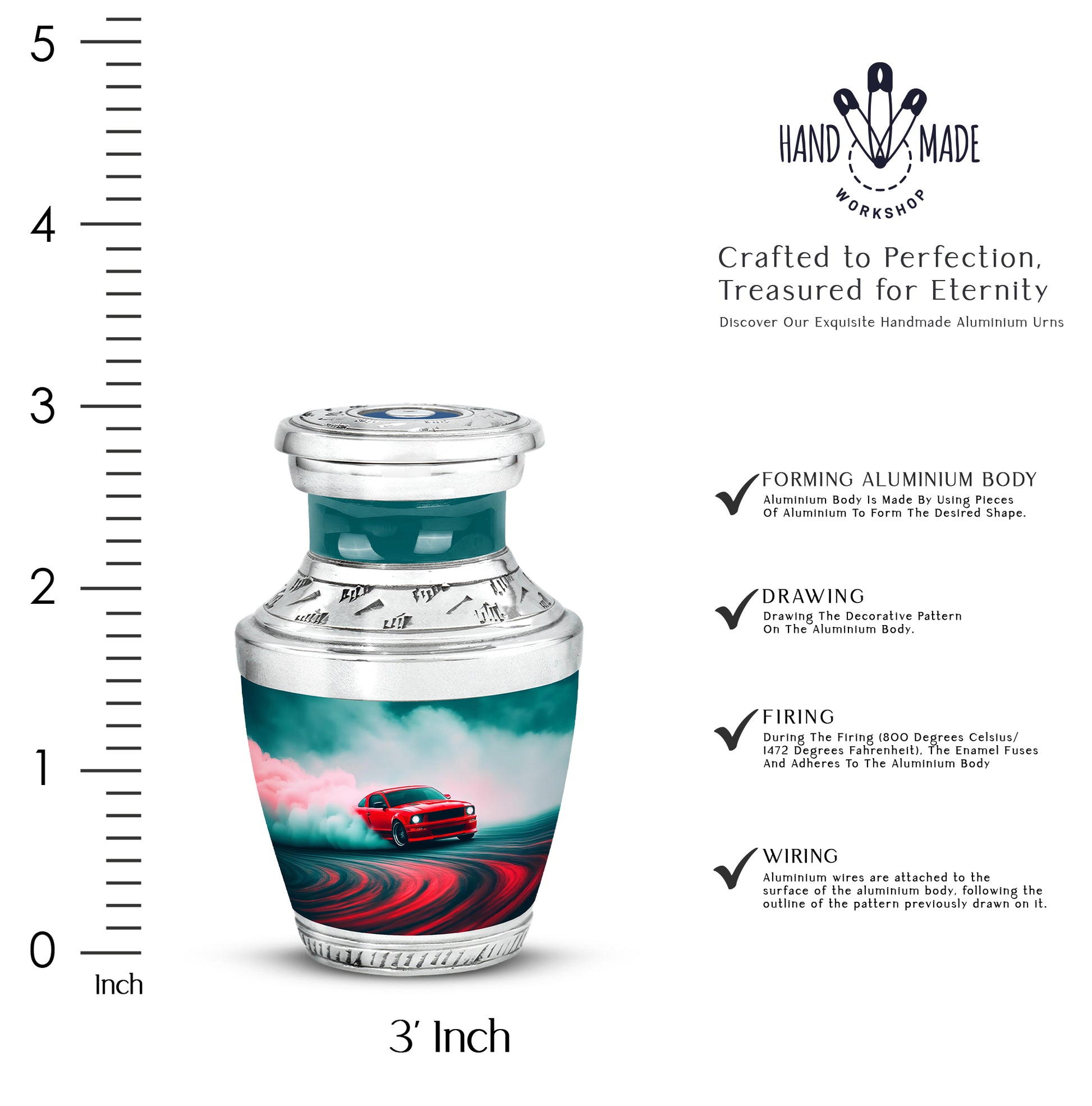 Jewel Teal Car Cremation Urn top-down view of secure threaded lid - contemporary car design with modern artistic flair - mini keepsake memorial for portion of cremation ashes