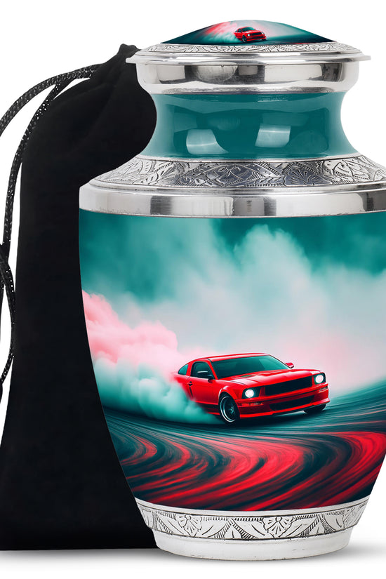 Vivid Teal Car Cremation Urn side profile showing urn shape - artistic car interpretation with creative detail - full-size 10 inch 200 cubic inch adult cremation urn