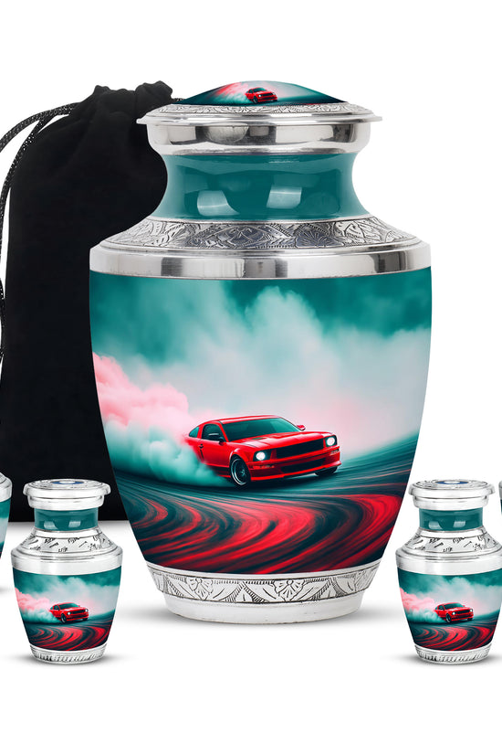 Soft Teal Car Cremation Urn lifestyle display on memorial shelf - contemporary car design with modern artistic flair - memorial set with one large and four small urns