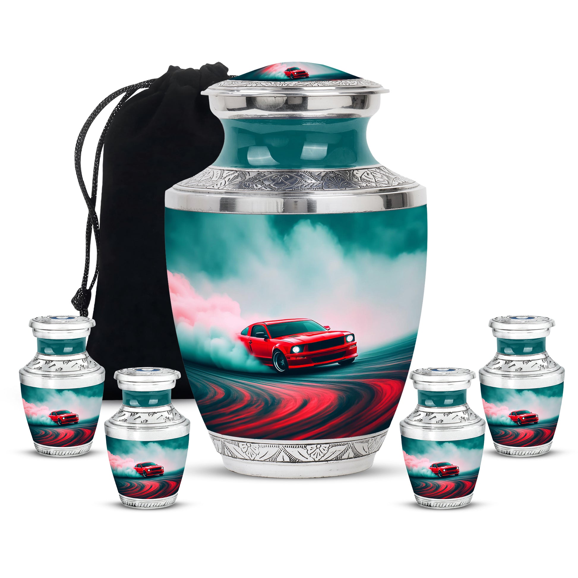 Soft Teal Car Cremation Urn lifestyle display on memorial shelf - contemporary car design with modern artistic flair - memorial set with one large and four small urns