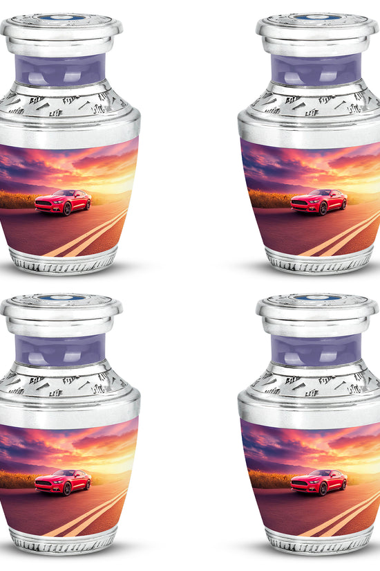 Serene Blue Car Cremation Urn back view with polished surface - stylized abstract car pattern with bold lines - 10 inch aluminum urn for cremated remains