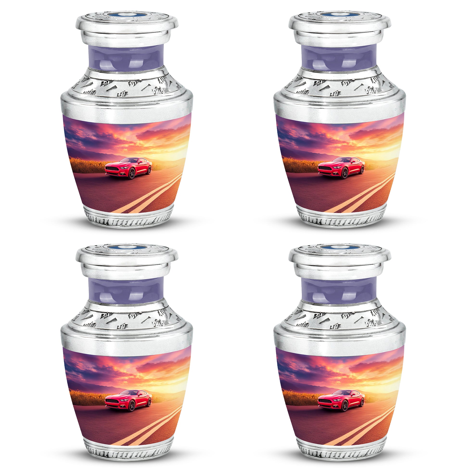 Serene Blue Car Cremation Urn back view with polished surface - stylized abstract car pattern with bold lines - 10 inch aluminum urn for cremated remains