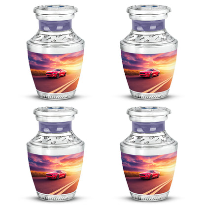 Serene Blue Car Cremation Urn back view with polished surface - stylized abstract car pattern with bold lines - 10 inch aluminum urn for cremated remains