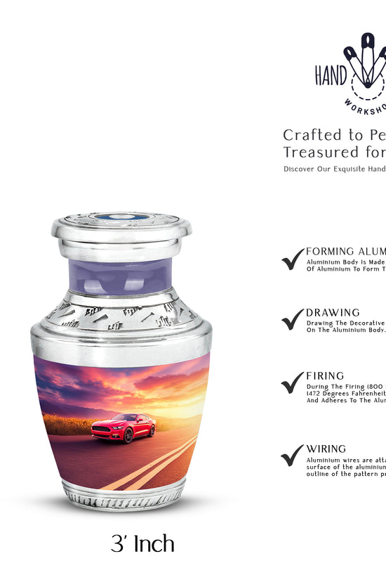 Sapphire Blue Car Cremation Urn top-down view of secure threaded lid - stylized abstract car pattern with bold lines - mini keepsake memorial for portion of cremation ashes