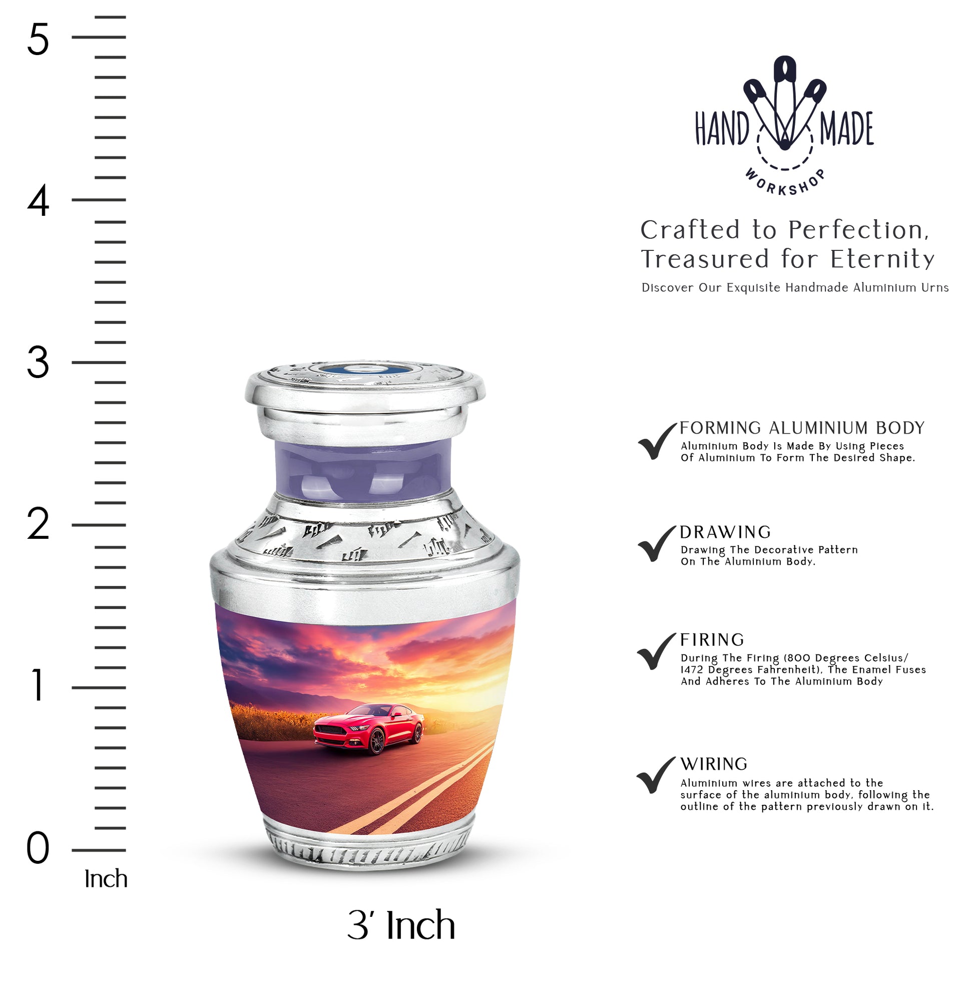 Sapphire Blue Car Cremation Urn top-down view of secure threaded lid - stylized abstract car pattern with bold lines - mini keepsake memorial for portion of cremation ashes