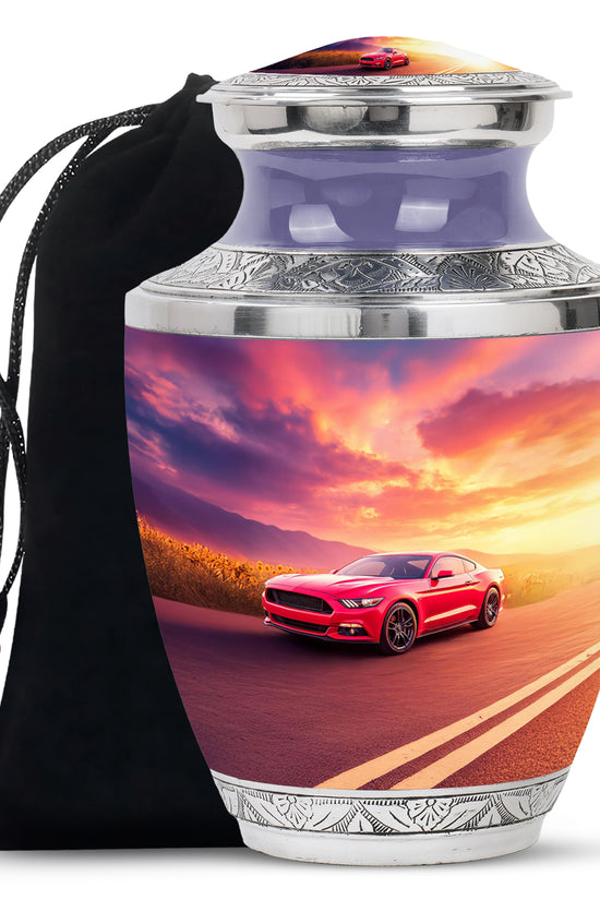 Indigo Car Cremation Urn side profile showing urn shape - contemporary car design with modern artistic flair - full-size 10 inch 200 cubic inch adult cremation urn