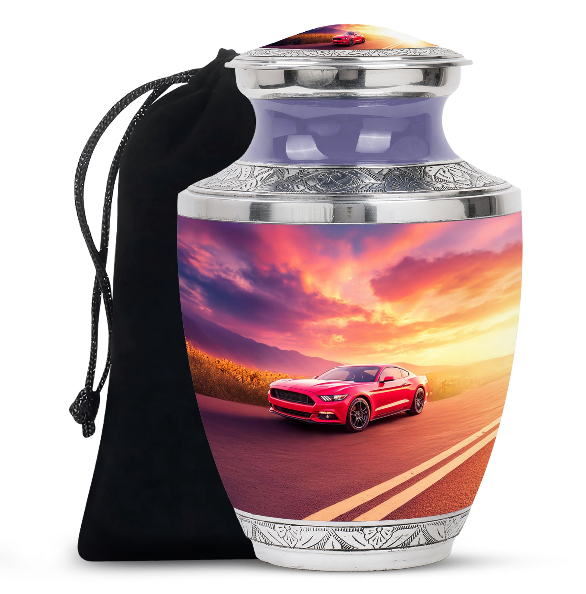 Indigo Car Cremation Urn side profile showing urn shape - contemporary car design with modern artistic flair - full-size 10 inch 200 cubic inch adult cremation urn