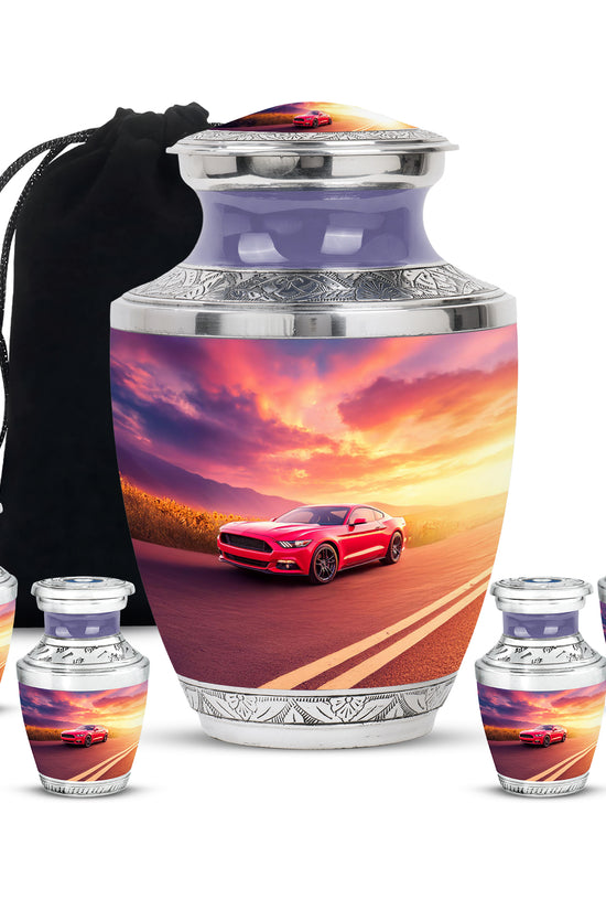 Serene Blue Car Cremation Urn lifestyle display on memorial shelf - stylized abstract car pattern with bold lines - memorial set with one large and four small urns