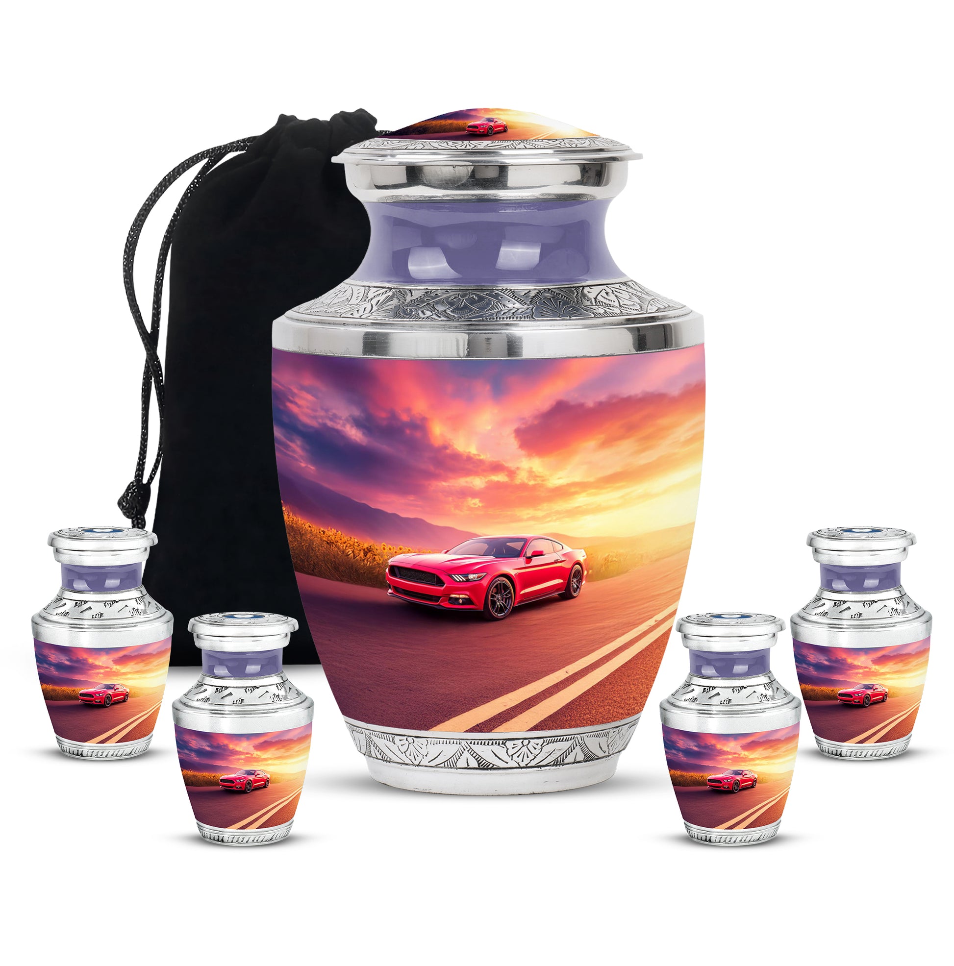 Serene Blue Car Cremation Urn lifestyle display on memorial shelf - stylized abstract car pattern with bold lines - memorial set with one large and four small urns
