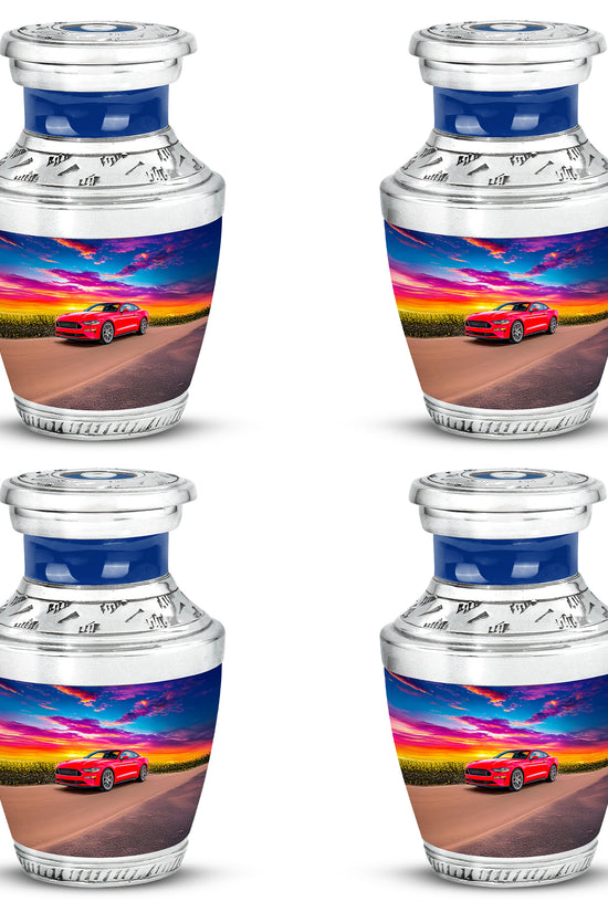 Navy Blue Car Cremation Urn back view with polished surface - contemporary car design with modern artistic flair - 10 inch aluminum urn for cremated remains