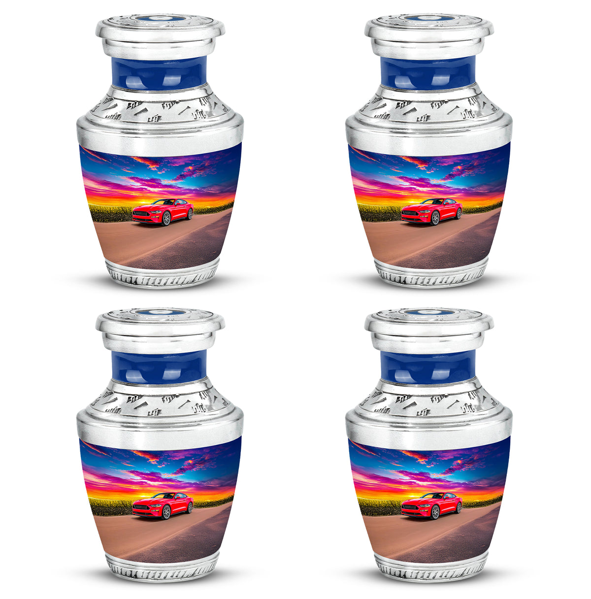 Navy Blue Car Cremation Urn back view with polished surface - contemporary car design with modern artistic flair - 10 inch aluminum urn for cremated remains