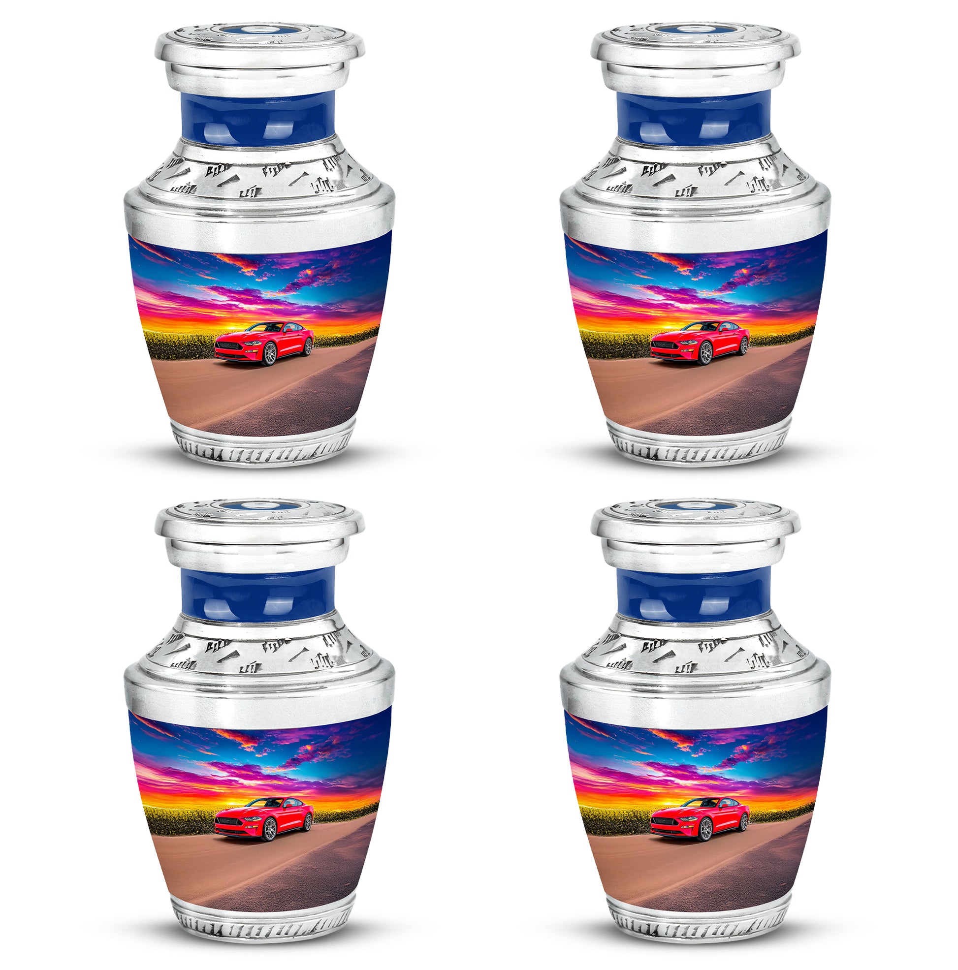 Navy Blue Car Cremation Urn back view with polished surface - contemporary car design with modern artistic flair - 10 inch aluminum urn for cremated remains