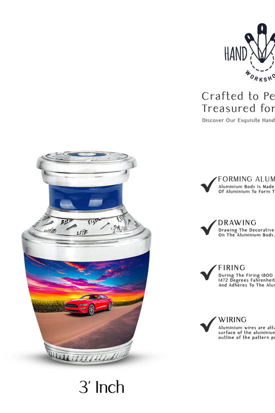 Celestial Blue Car Cremation Urn top-down view of secure threaded lid - modern art-inspired car motif on sleek aluminum - mini keepsake memorial for portion of cremation ashes