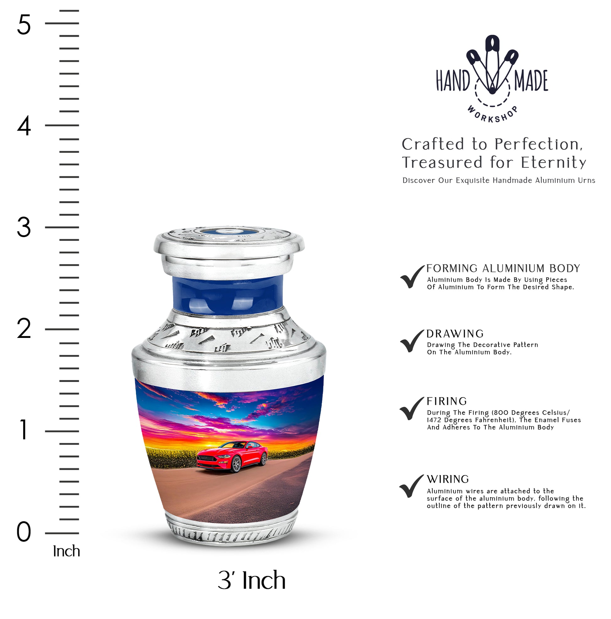 Celestial Blue Car Cremation Urn top-down view of secure threaded lid - modern art-inspired car motif on sleek aluminum - mini keepsake memorial for portion of cremation ashes