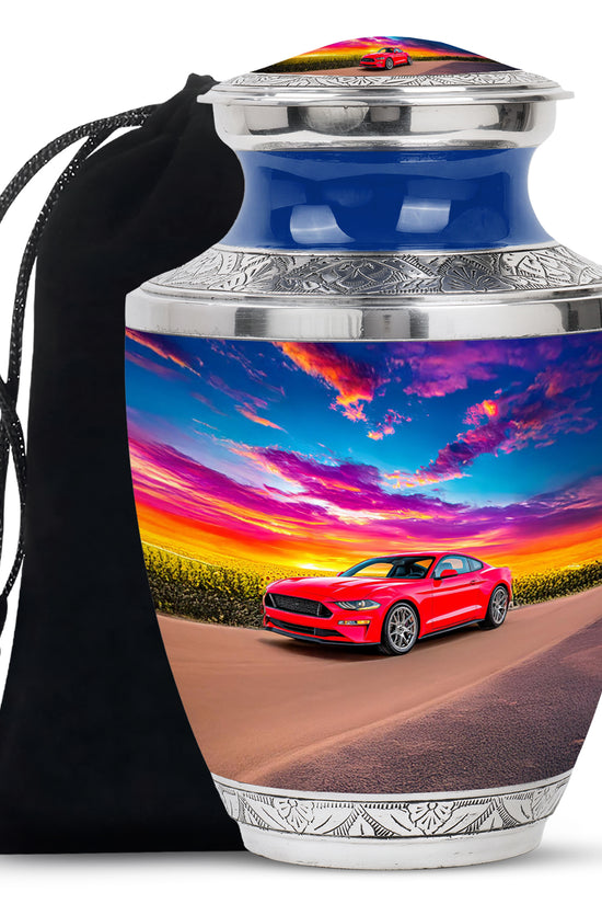 Sky Blue Car Cremation Urn side profile showing urn shape - modern art-inspired car motif on sleek aluminum - full-size 10 inch 200 cubic inch adult cremation urn