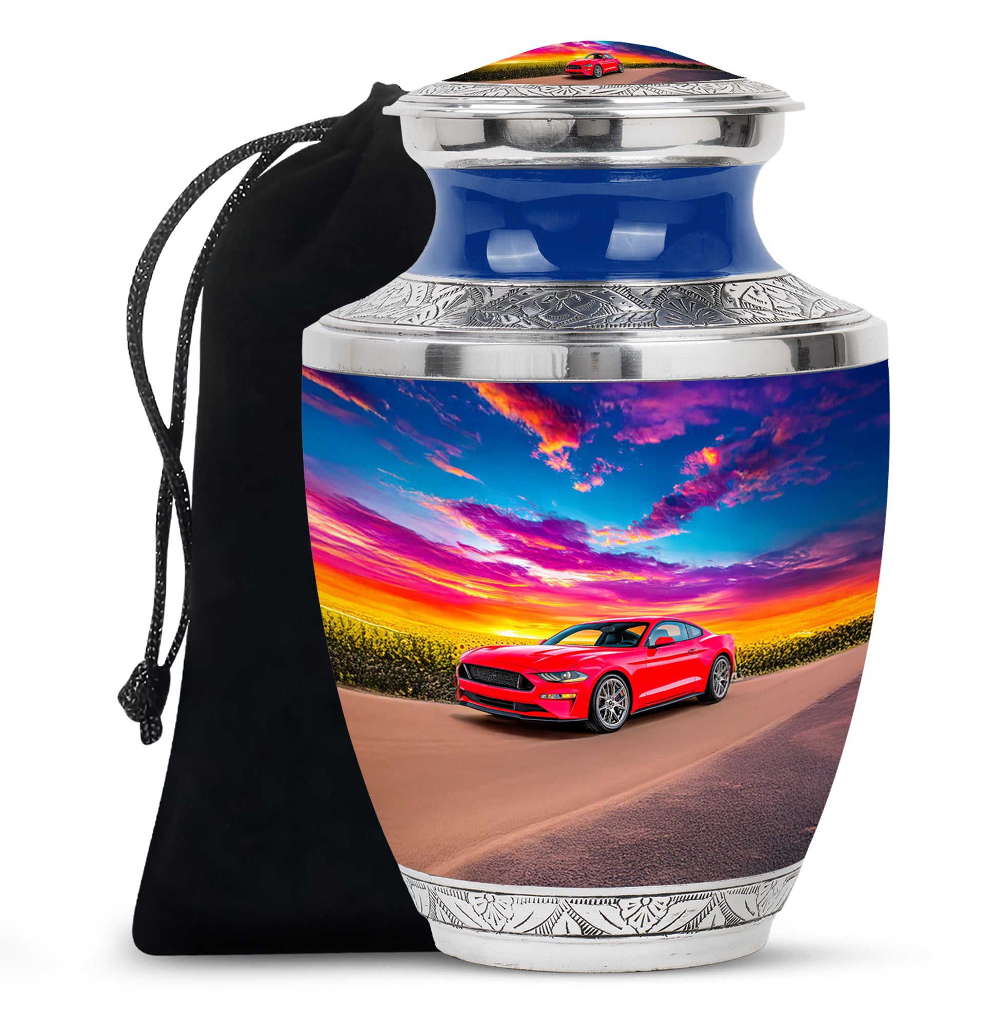Sky Blue Car Cremation Urn side profile showing urn shape - modern art-inspired car motif on sleek aluminum - full-size 10 inch 200 cubic inch adult cremation urn