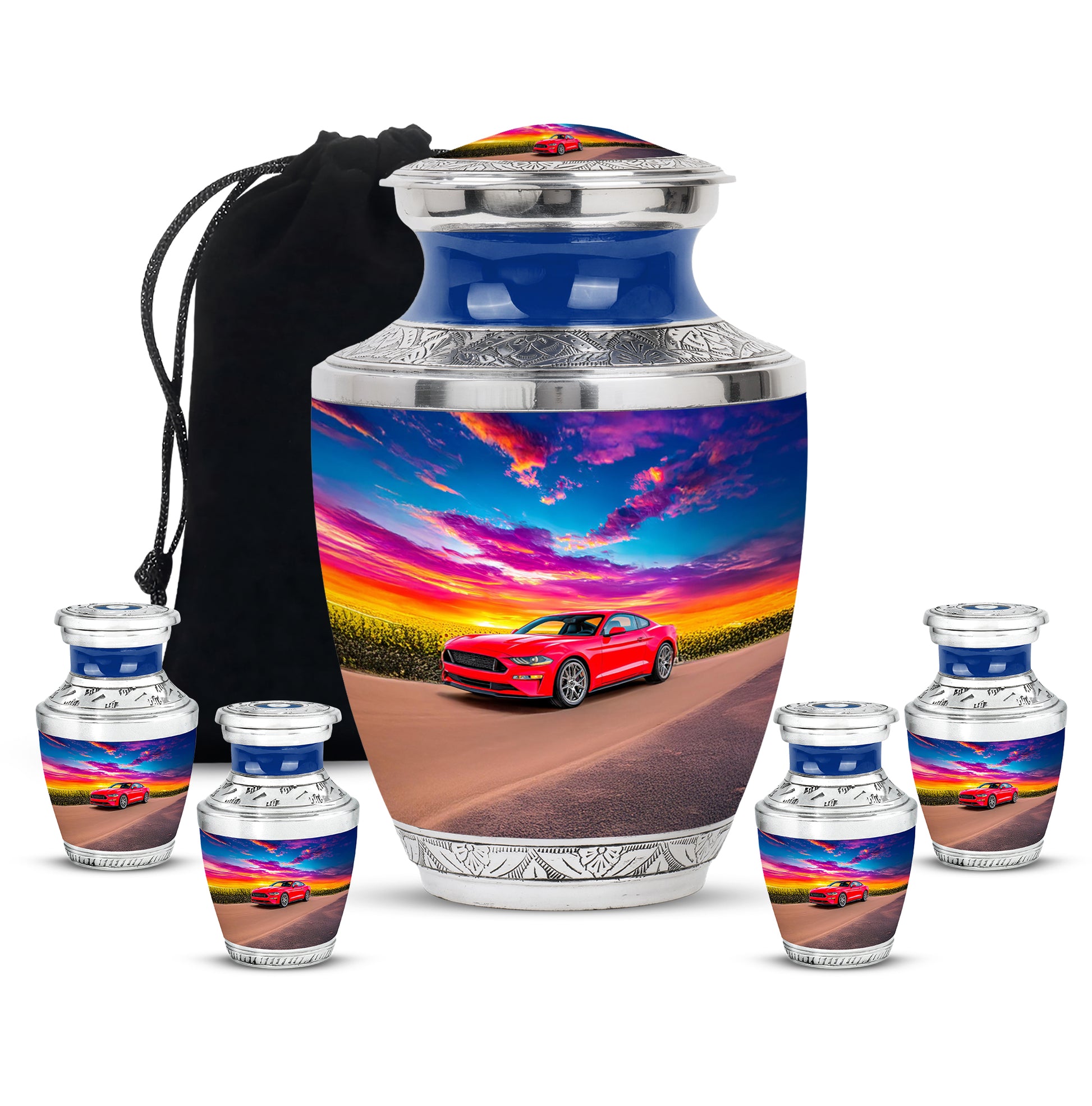 Royal Blue Car Cremation Urn lifestyle display on memorial shelf - stylized abstract car pattern with bold lines - memorial set with one large and four small urns