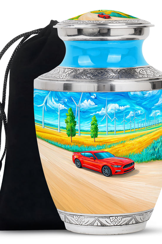 Pastel Blue Car Cremation Urn side profile showing urn shape - contemporary car design with modern artistic flair - full-size 10 inch 200 cubic inch adult cremation urn