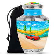 Pastel Blue Car Cremation Urn side profile showing urn shape - contemporary car design with modern artistic flair - full-size 10 inch 200 cubic inch adult cremation urn