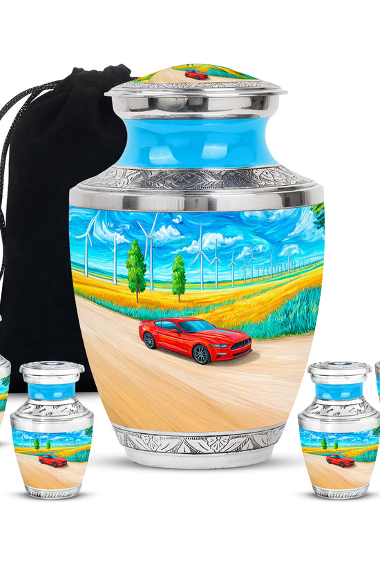 Sapphire Blue Car Cremation Urn lifestyle display on memorial shelf - artistic car interpretation with creative detail - memorial set with one large and four small urns