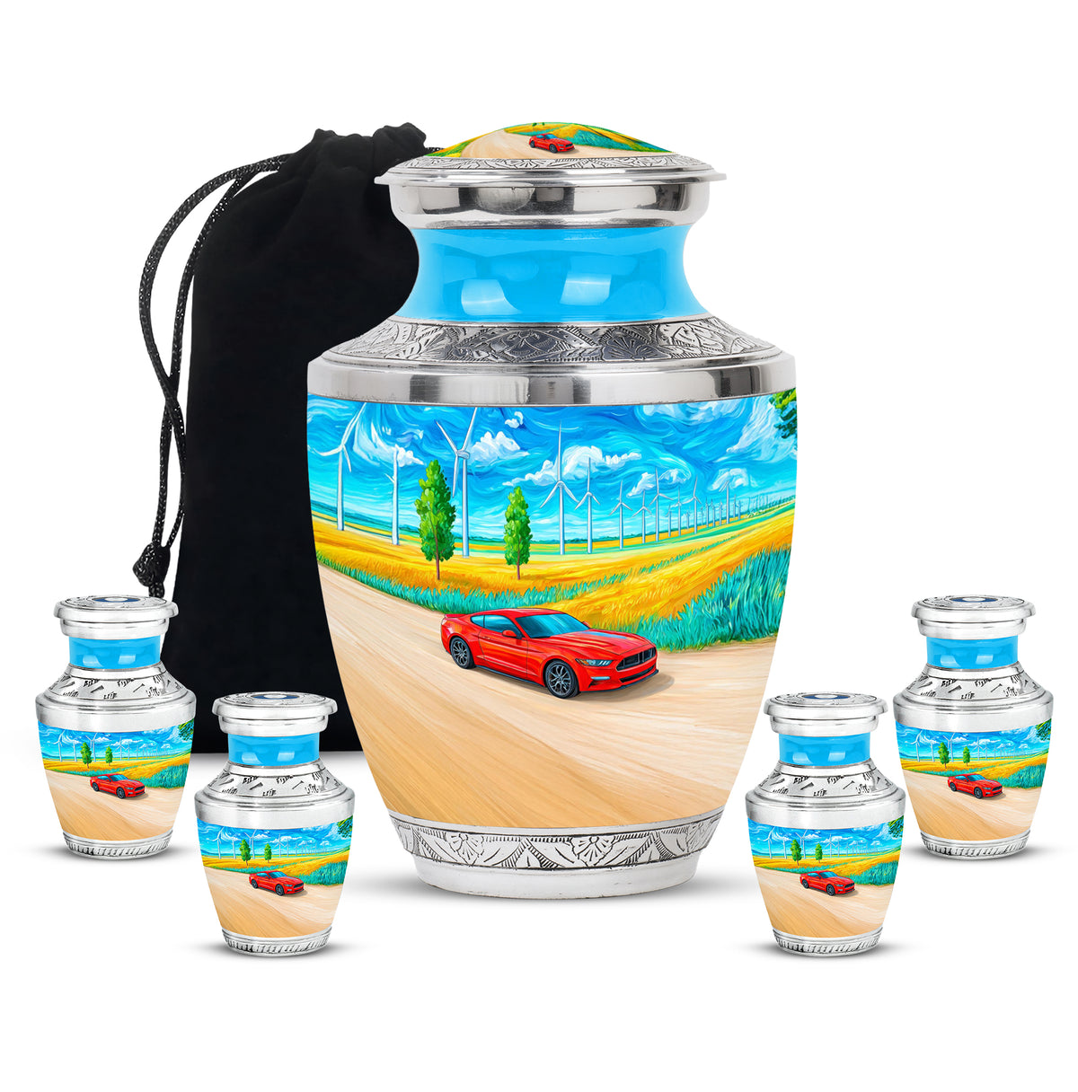 Sapphire Blue Car Cremation Urn lifestyle display on memorial shelf - artistic car interpretation with creative detail - memorial set with one large and four small urns