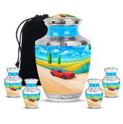 Sapphire Blue Car Cremation Urn lifestyle display on memorial shelf - artistic car interpretation with creative detail - memorial set with one large and four small urns
