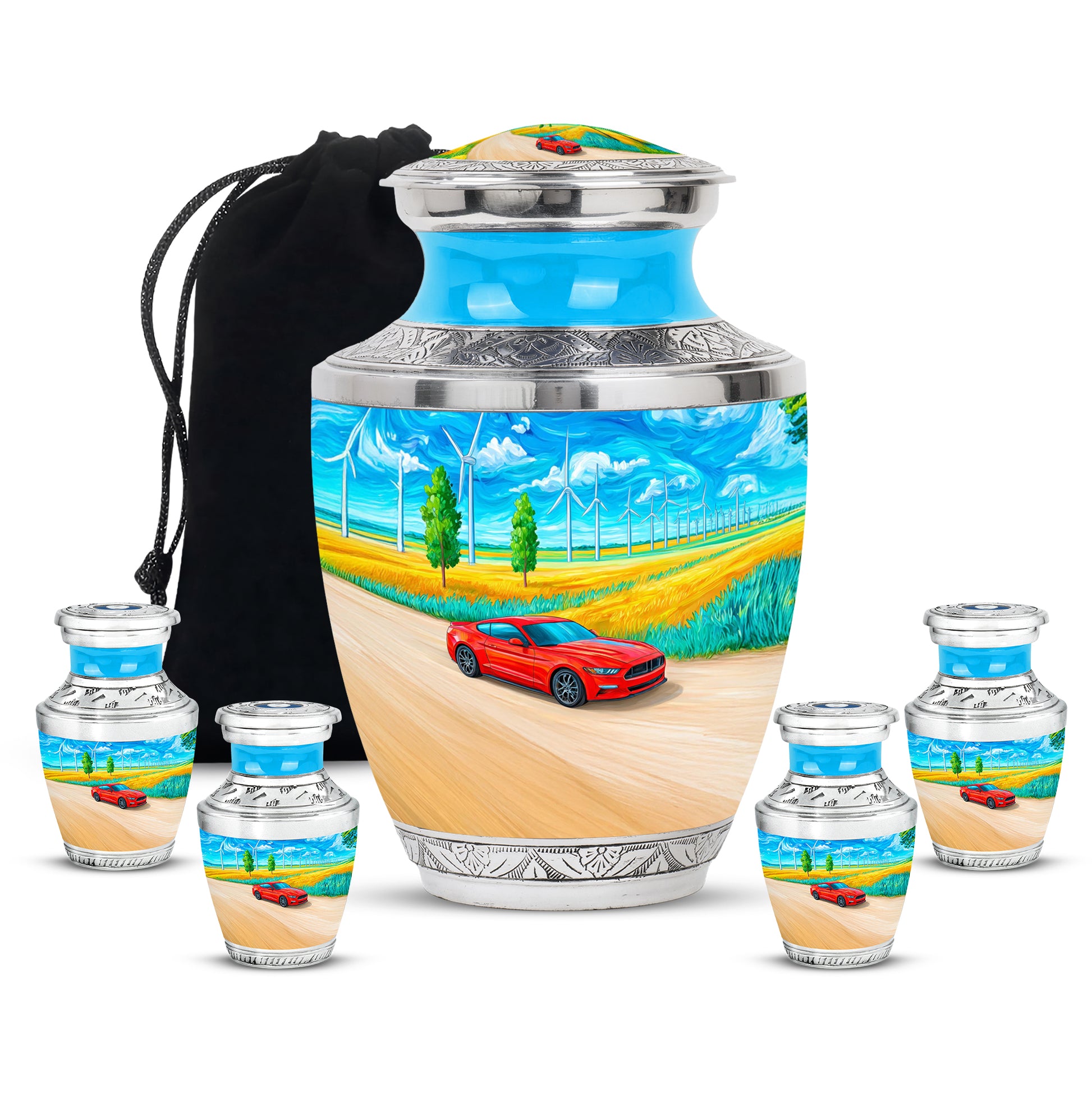 Sapphire Blue Car Cremation Urn lifestyle display on memorial shelf - artistic car interpretation with creative detail - memorial set with one large and four small urns