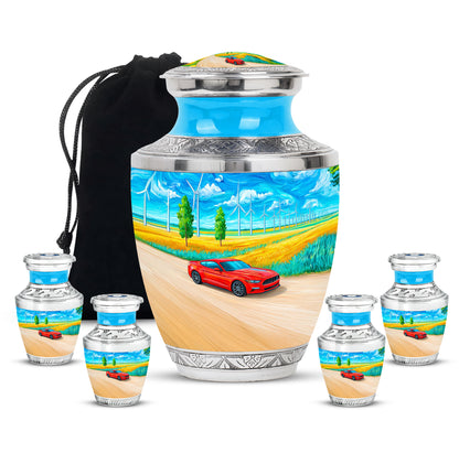 Sapphire Blue Car Cremation Urn lifestyle display on memorial shelf - artistic car interpretation with creative detail - memorial set with one large and four small urns