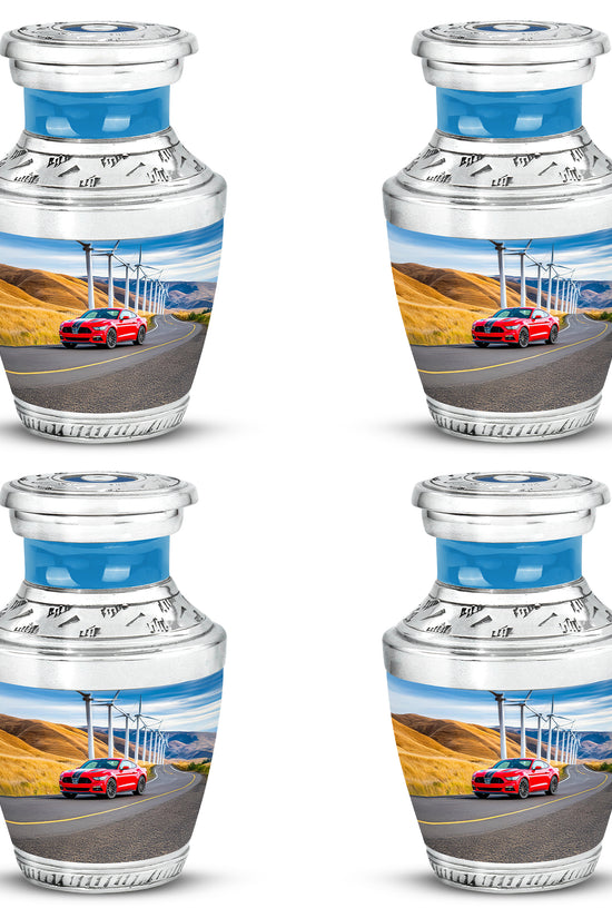 Pastel Blue Car Cremation Urn back view with polished surface - modern art-inspired car motif on sleek aluminum - 10 inch aluminum urn for cremated remains