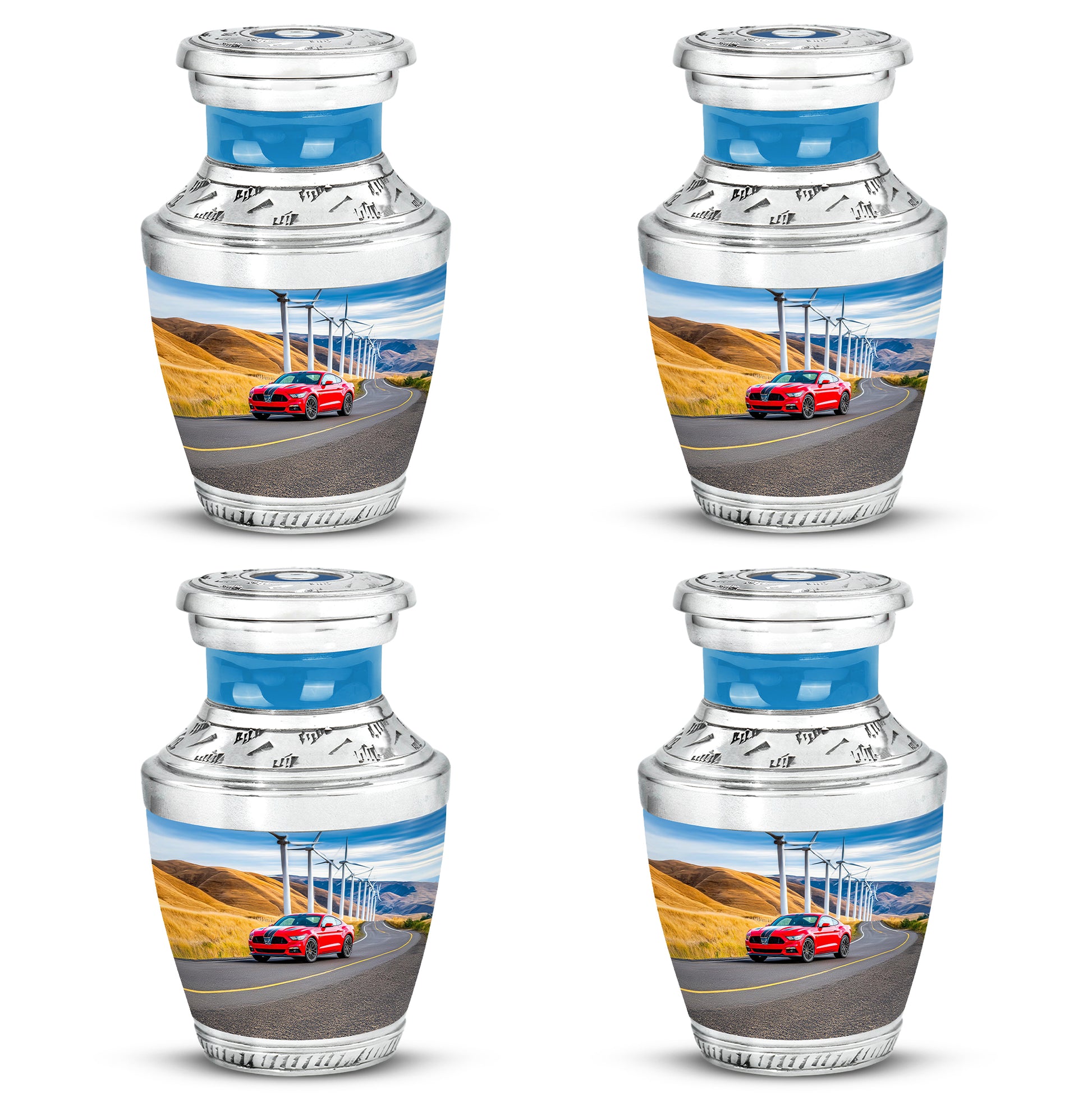 Pastel Blue Car Cremation Urn back view with polished surface - modern art-inspired car motif on sleek aluminum - 10 inch aluminum urn for cremated remains